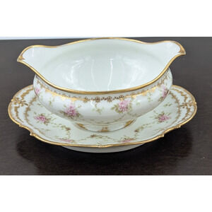 Charles Field Haviland Limoges Floral Gravy Boat Bowl with Underplate GDA France